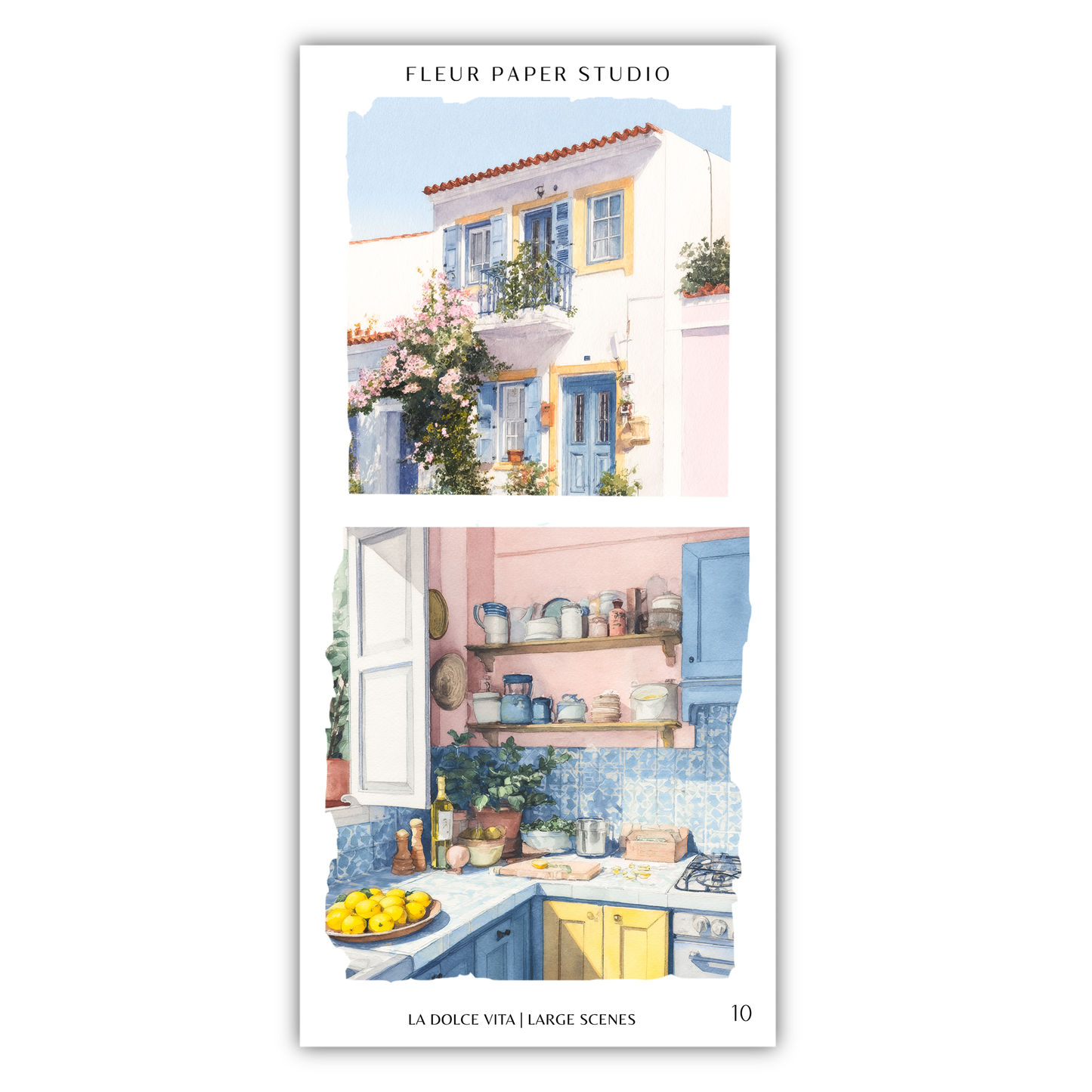 The image is a collage of two scenes from a home, featuring a colorful kitchen and a white building with a balcony.