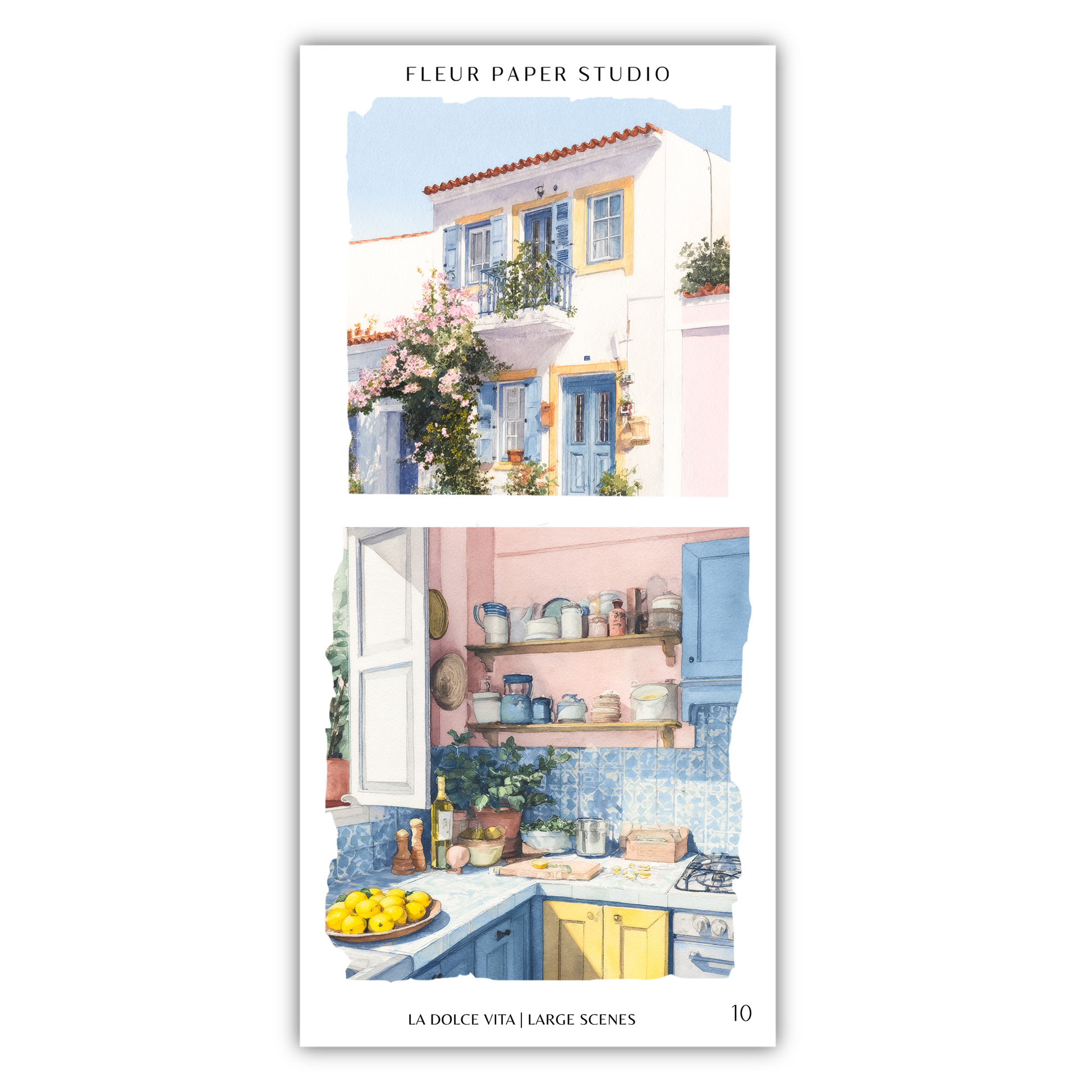 The image is a collage of two scenes from a home, featuring a colorful kitchen and a white building with a balcony.