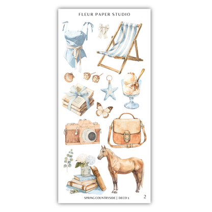 various objects and scenes related to spring, such as a dress, a beach chair, seashells, a starfish, a camera, a horse, and a book.