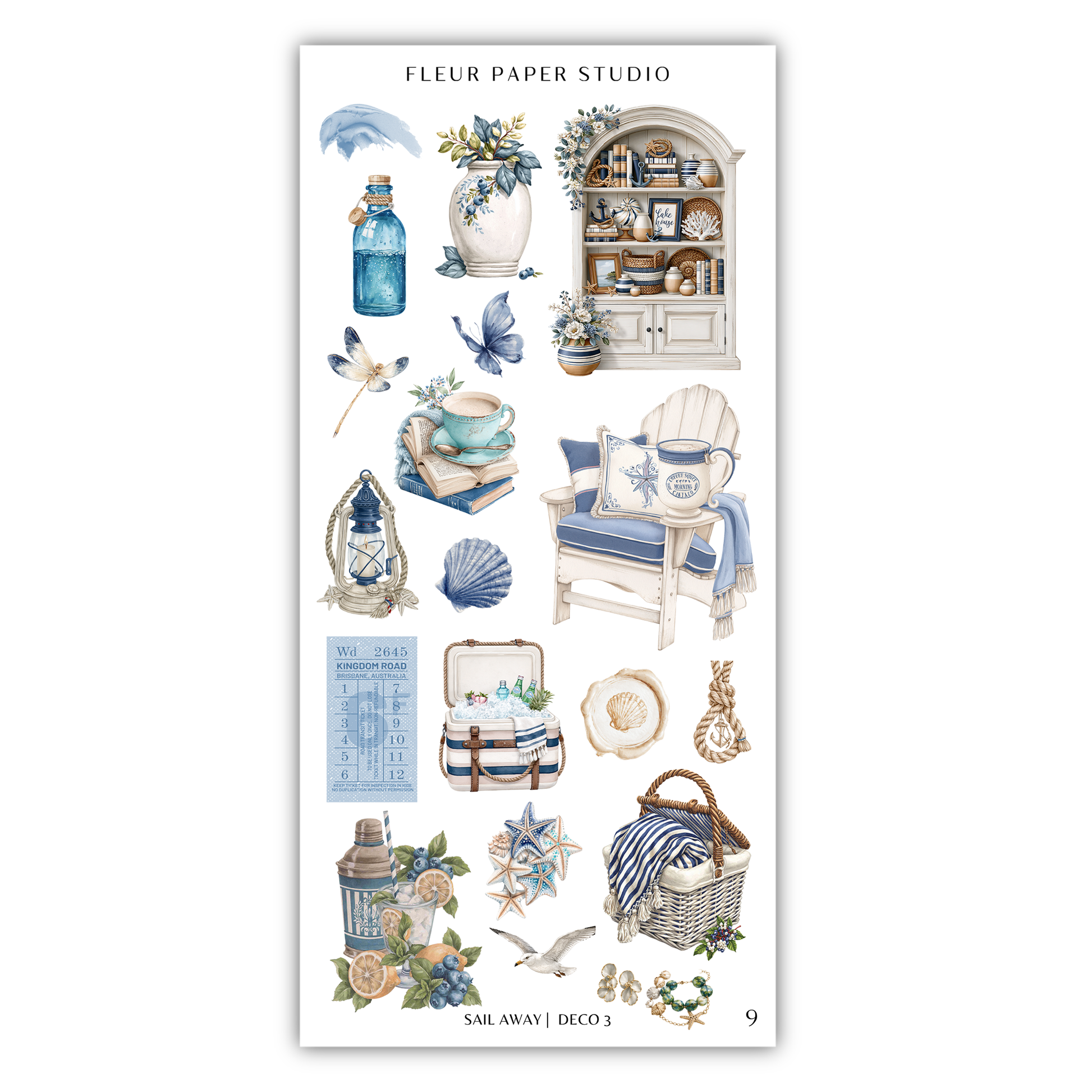 a sticker of blue and white items