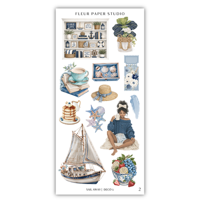 various illustrations related to a nautical theme, including a sailboat, a woman sitting on a towel, and other decorative items such as books, plants, and a teapot.