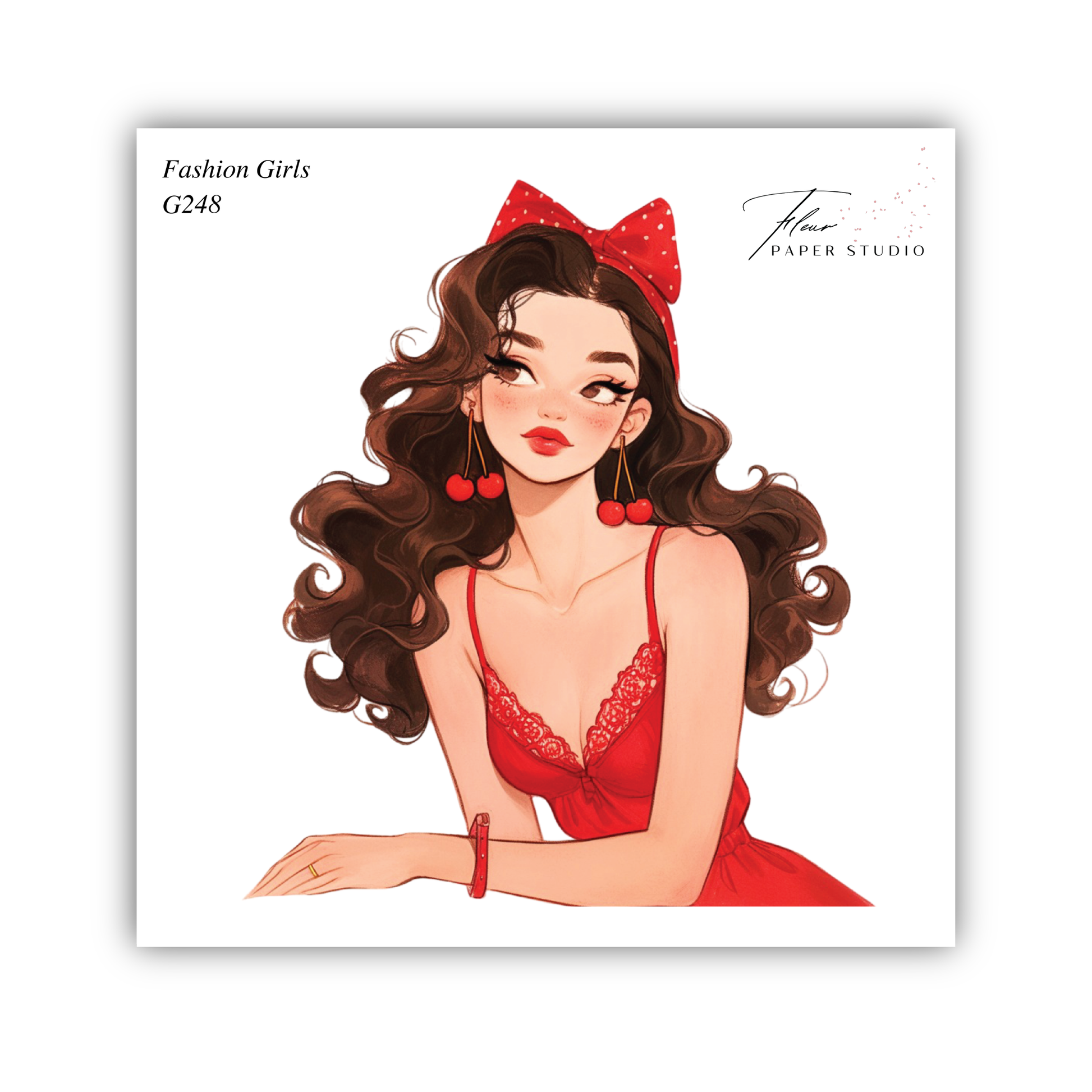 A stylized illustration of a young woman with long, curly brown hair wearing a red dress and a red bow in her hair.
