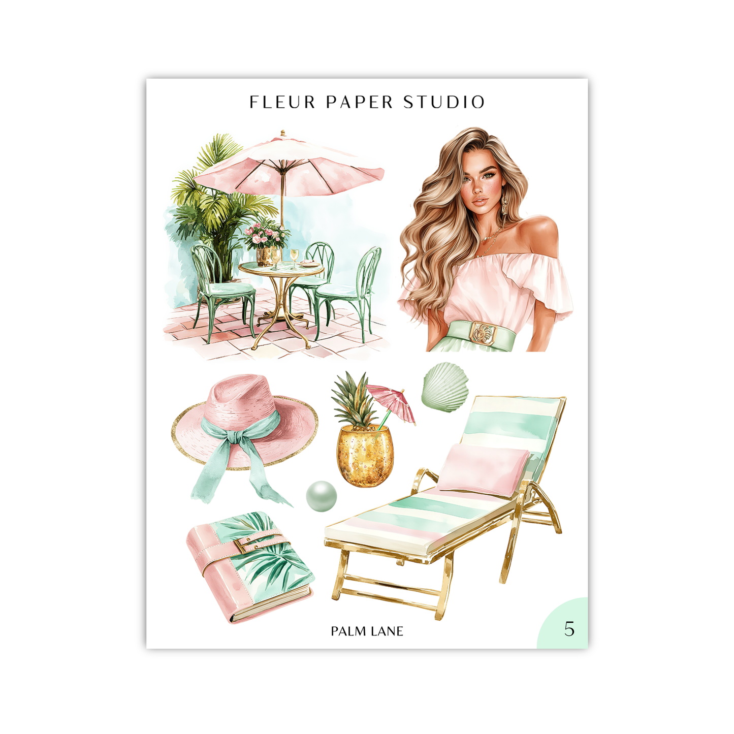The image is a collage of various objects and scenes, including a woman, a table, chairs, a hat, a book, a lounge chair, a table, a vase, a pineapple, a bottle, a bowl, a cup, a potted plant, a palm tree, a palm frond, a seashell, a shell, a starfish, a beach ball, and a palm tree.