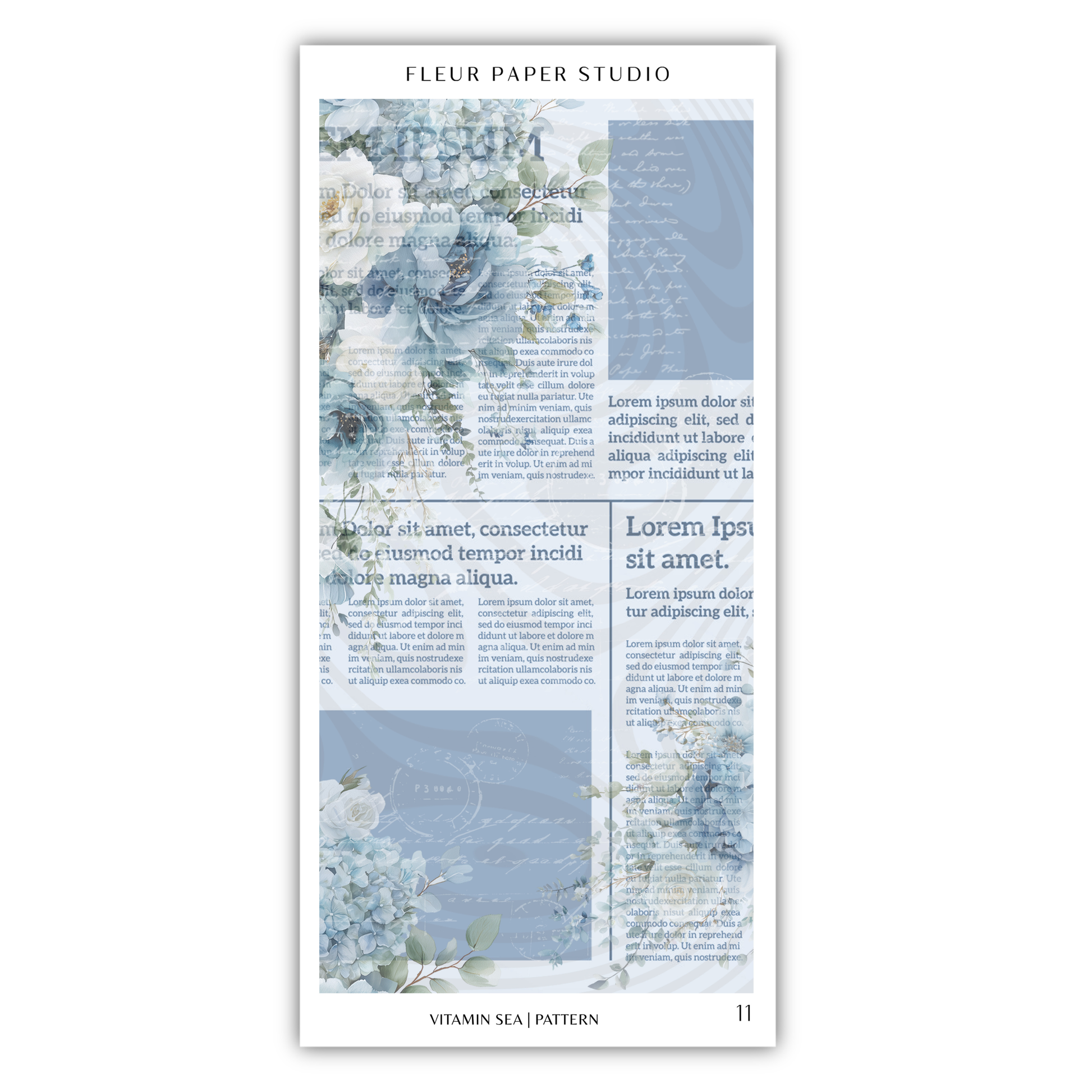 The image is a collage of various images, including a floral pattern, text, and other elements. The collage is titled "Fleur Paper Studio" and includes a "Vitamin Sea Pattern" with a blue and white color scheme. The image contains placeholder text, which is not described in detail.