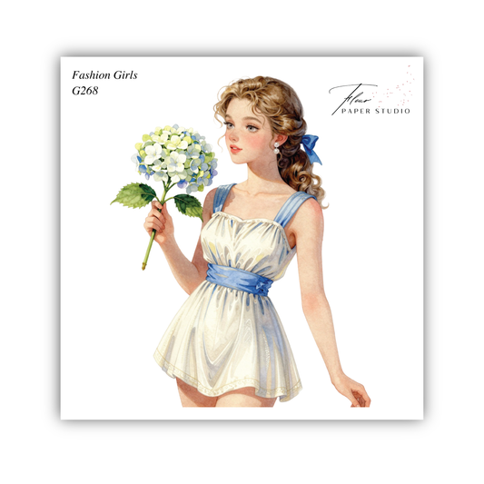 A watercolor illustration of a young woman wearing a white dress and holding a bouquet of white and blue flowers.