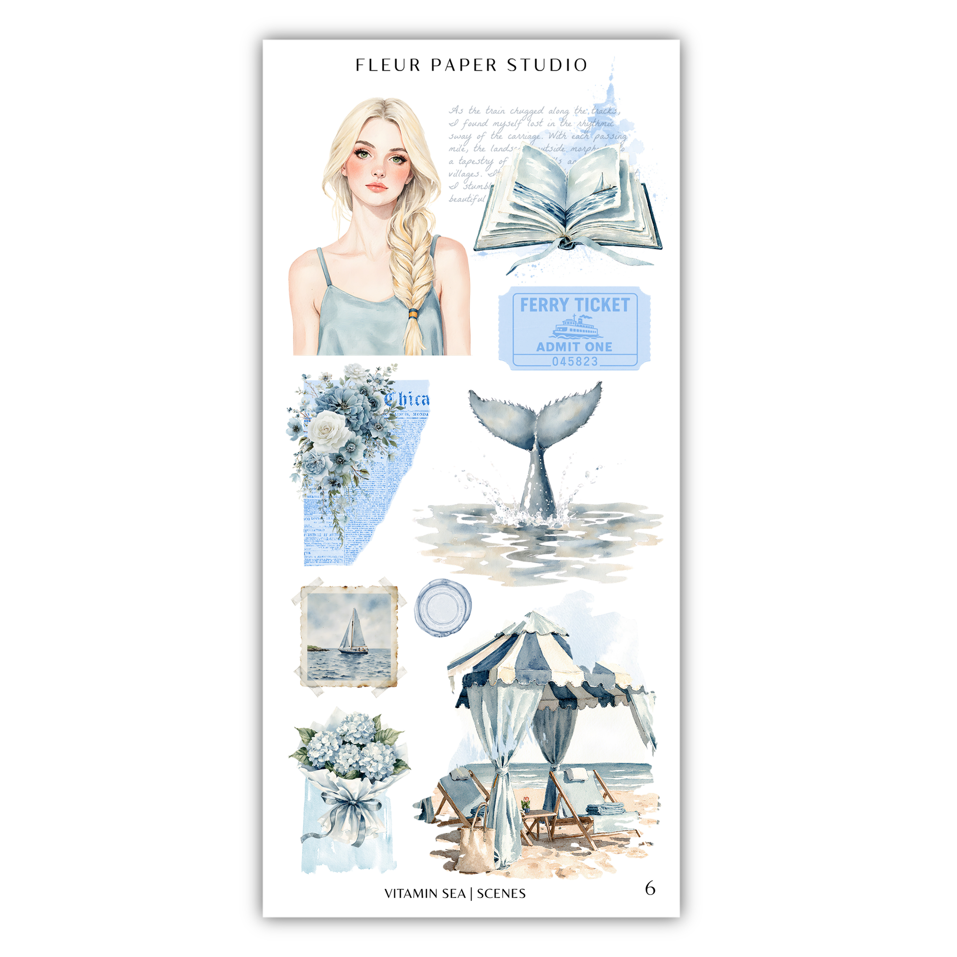 The image is a collage of various elements related to the theme of "Vitamin Sea Scenes", including a woman, a ferry ticket, a whale, a sailboat, a beach umbrella, and a bouquet of flowers.