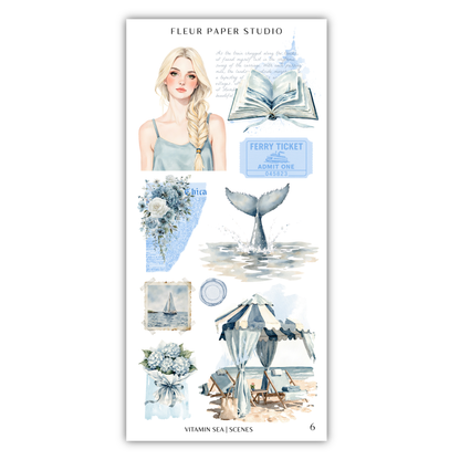 The image is a collage of various elements related to the theme of "Vitamin Sea Scenes", including a woman, a ferry ticket, a whale, a sailboat, a beach umbrella, and a bouquet of flowers.