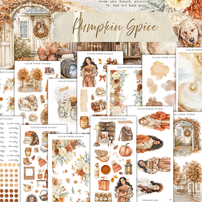 The image is a collage of various autumn-themed illustrations and designs, including pumpkins, flowers, and other seasonal elements. The collage is titled "Pumpkin Spice" and includes images of a house, a woman, and other autumn-related objects.