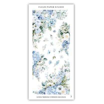 The image is a collage of various floral designs, including blue hydrangeas, white hydrangeas, and other flowers. The image is titled "Gentle Morning / Cornerers and Edges" and is part of a series of three images.