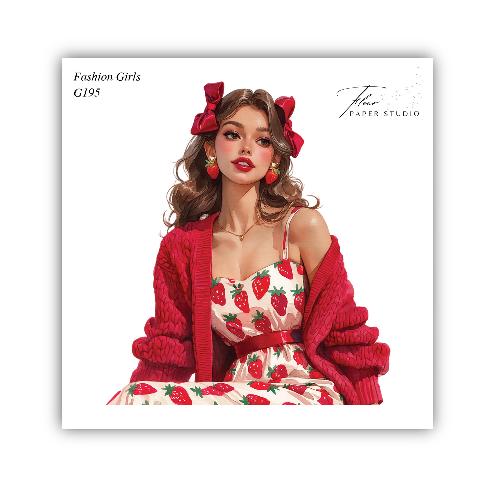 A stylized illustration of a young woman wearing a red sweater and a dress with a strawberry pattern, with a red bow in her hair.