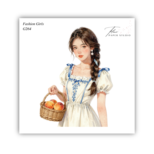 A watercolor illustration of a young woman wearing a white dress with blue accents, holding a basket of peaches.