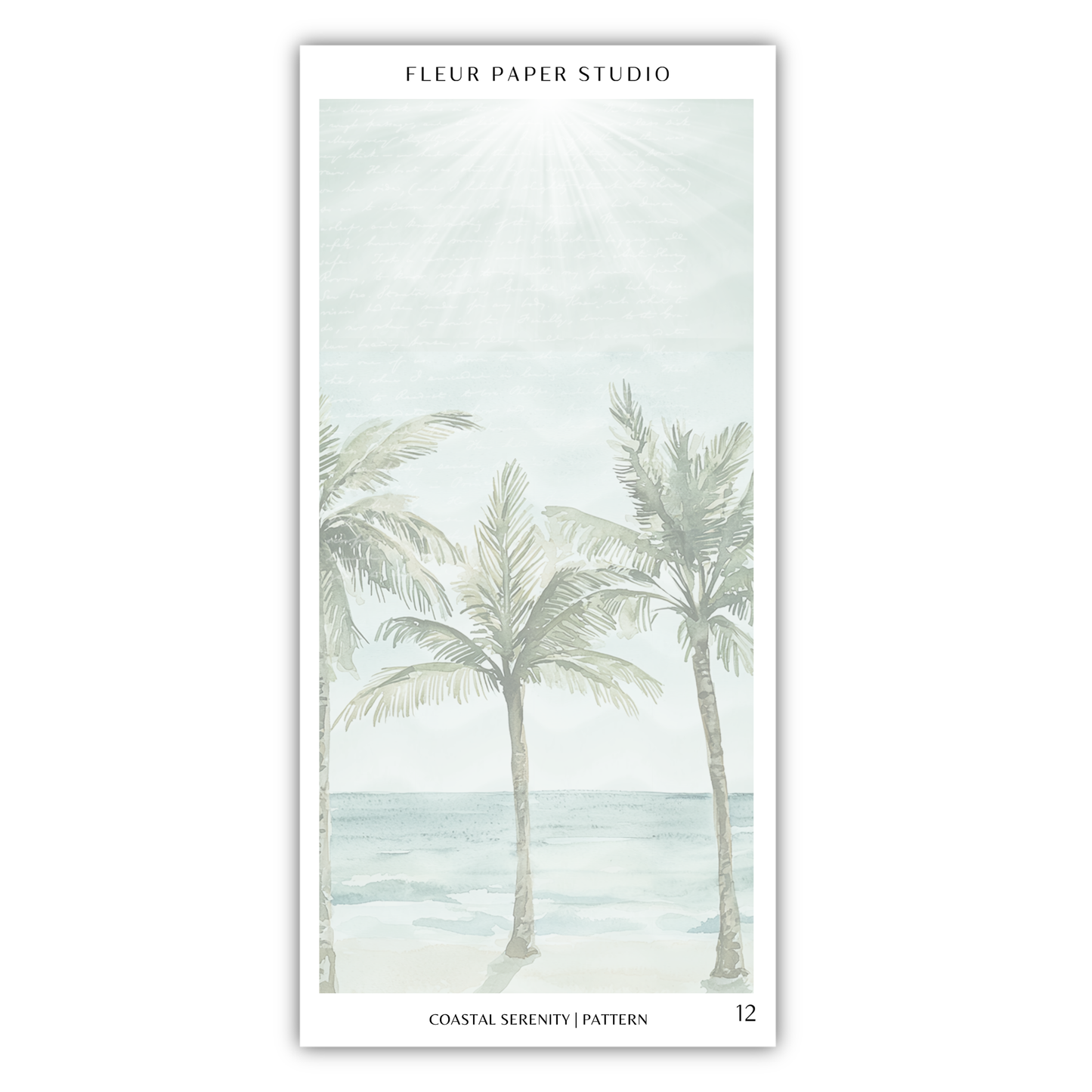 A serene tropical beach scene with palm trees and a calm ocean in the background.