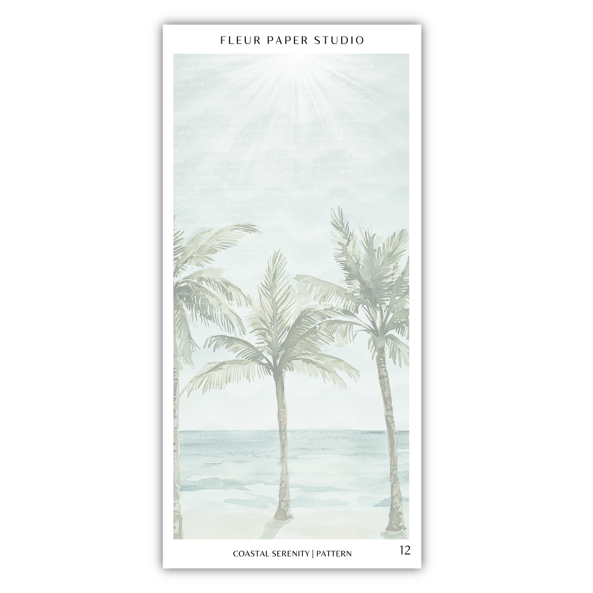 A serene tropical beach scene with palm trees and a calm ocean in the background.