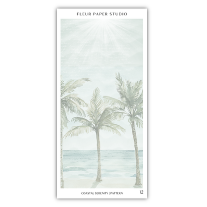 A serene tropical beach scene with palm trees and a calm ocean in the background.
