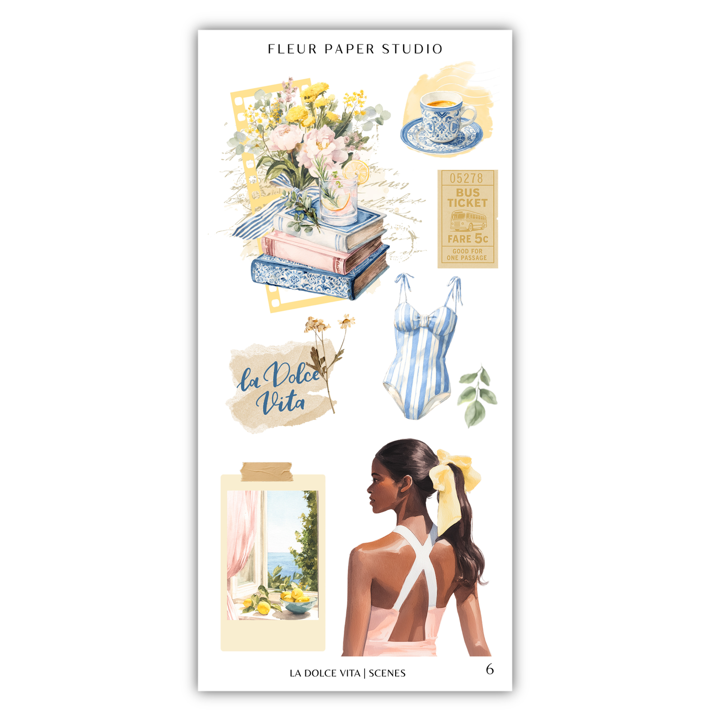 The image is a collage of various scenes and objects, including a vase of flowers, a book, a teacup, a dress, a woman's back, and a window.