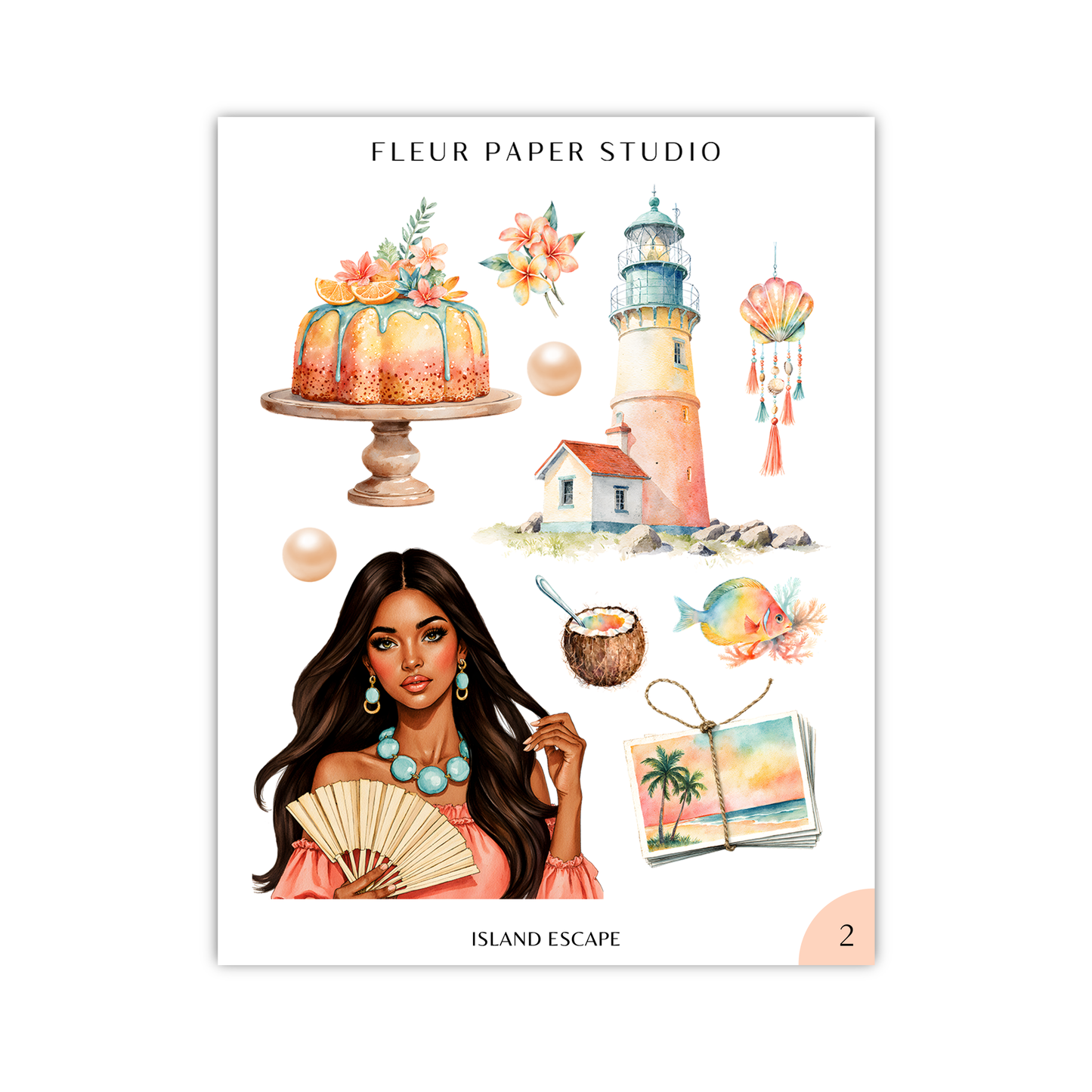 The image is a collage of various elements, including a woman holding a fan, a cake, a lighthouse, a seashell, a coconut, a fish, and a tropical landscape.