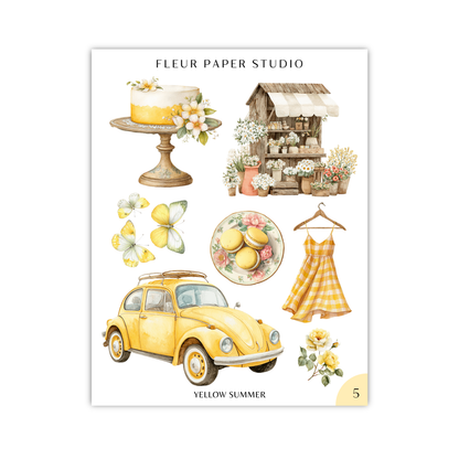 The image is a collage of various objects and scenes related to the theme of "Yellow Summer", including a cake, flowers, a car, a dress, and butterflies.