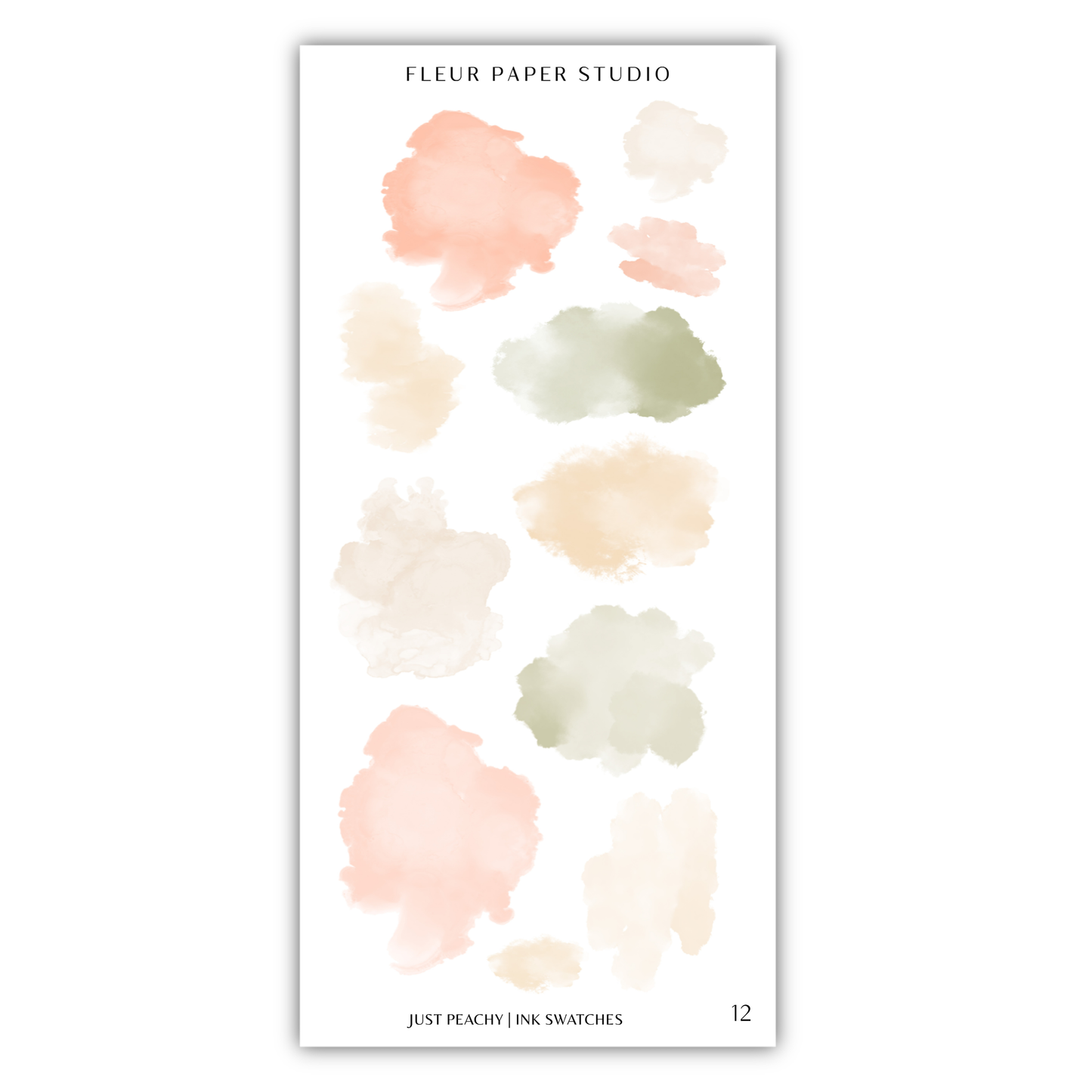 a collection of 12 watercolor paint splatter designs, each with a different color and texture, arranged in a vertical column.