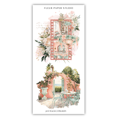 The image is a collage of two pictures. The top picture depicts a building with a pink frame and floral decorations, while the bottom picture shows a patio with a table and chairs.