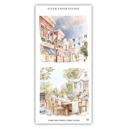 The image is a collage of two scenes from a fleur-de-lis paper studio. The top scene depicts a festive outdoor setting with a fireworks display, while the bottom scene shows an outdoor dining area with a table set for a meal.