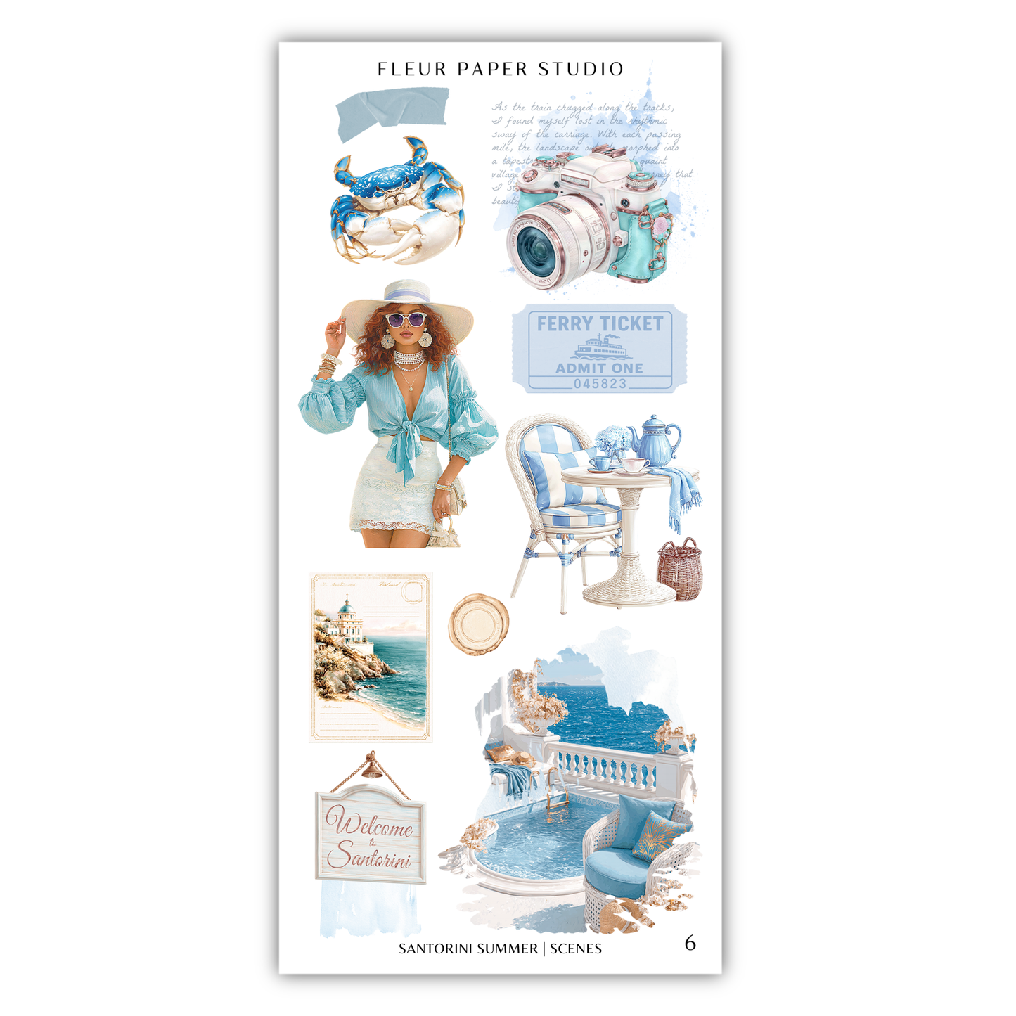 The image is a collage of various summer-themed scenes, including a woman in a blue dress, a camera, a ferry ticket, a table with a chair, a sign, and a pool.