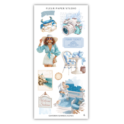 The image is a collage of various summer-themed scenes, including a woman in a blue dress, a camera, a ferry ticket, a table with a chair, a sign, and a pool.