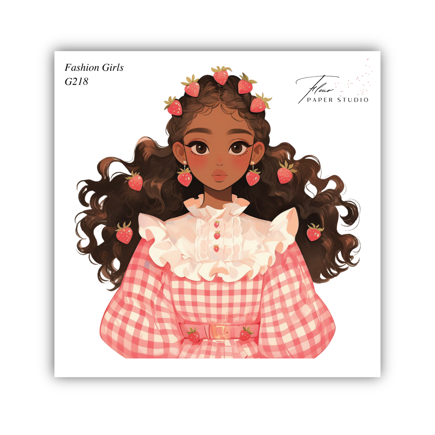 A stylized illustration of a young girl with curly hair and a pink and white checkered dress, adorned with strawberries.