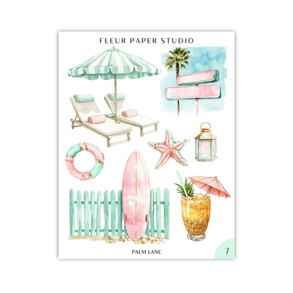 The image is a collection of various beach-themed items, including a striped umbrella, lounge chairs, a palm tree, a sign, a surfboard, a starfish, a life preserver, a cocktail glass, and a wooden fence.