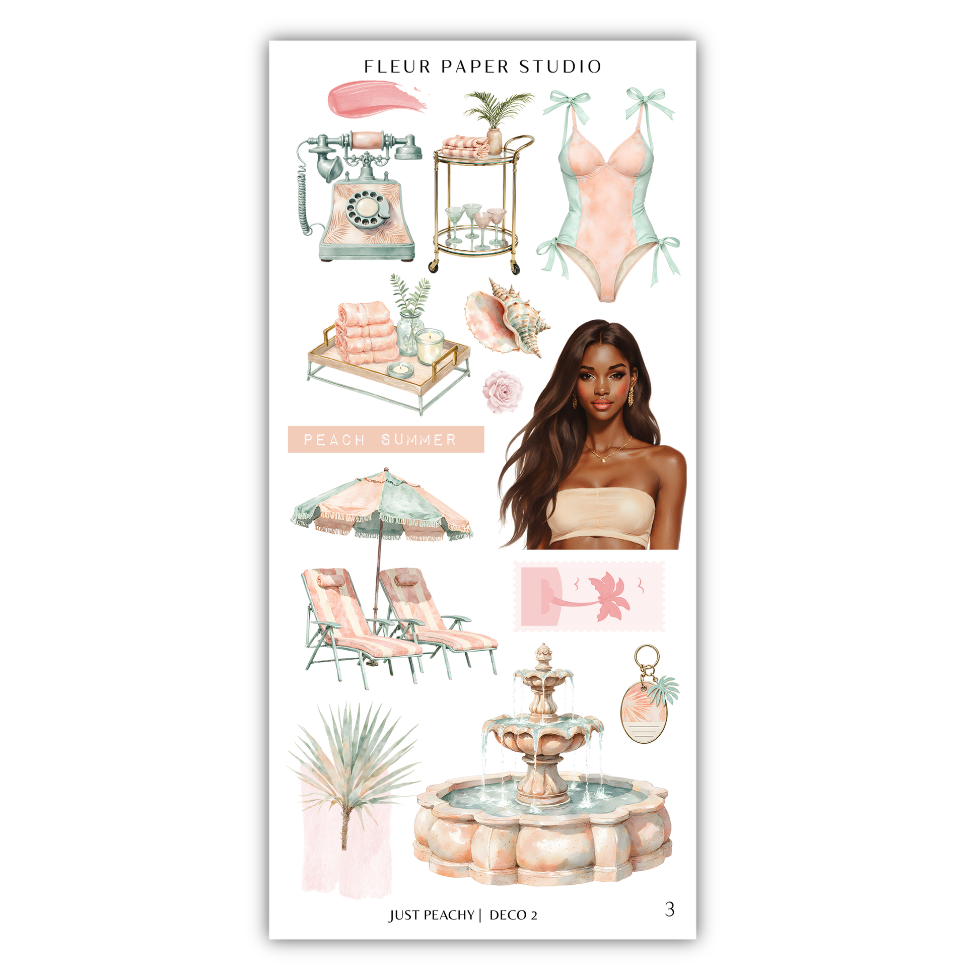 The image is a collage of various objects and a woman, including a telephone, swimwear, a woman's portrait, beach chairs, a fountain, and a palm tree.