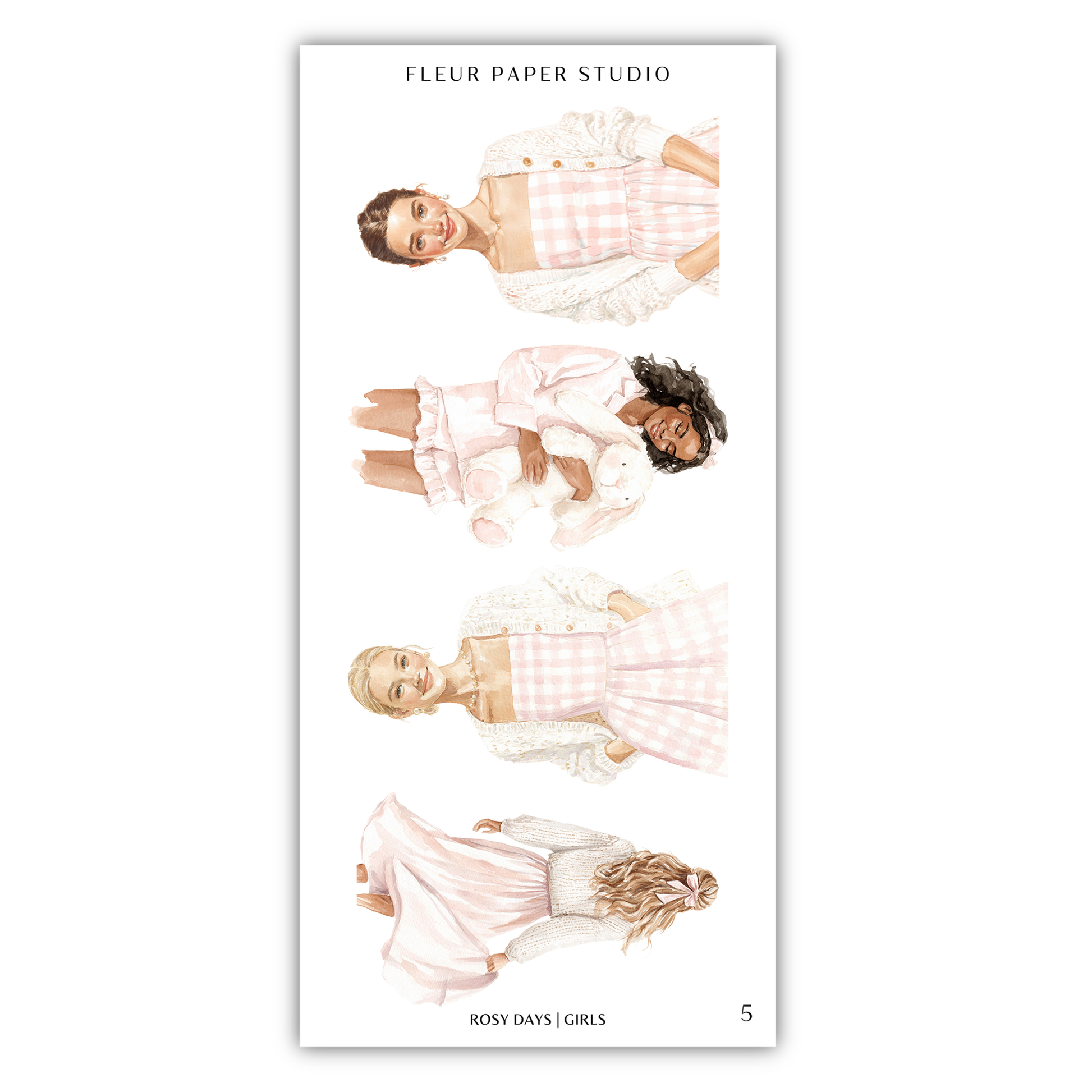 The image is a collage of four different illustrations of women wearing pink dresses and white tops.