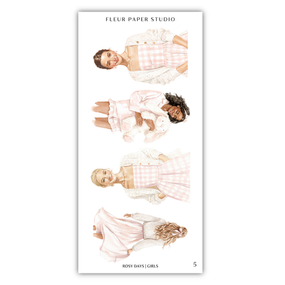The image is a collage of four different illustrations of women wearing pink dresses and white tops.