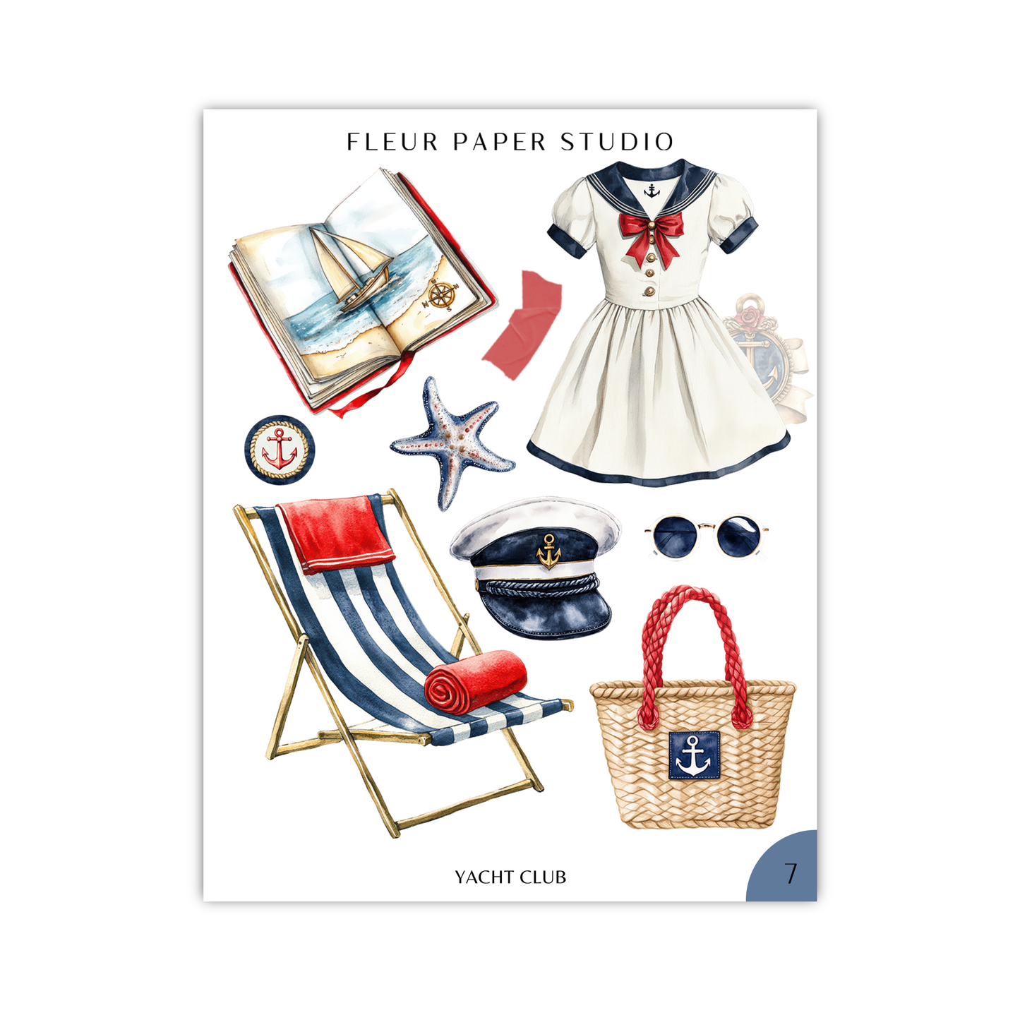 The image is a collage of various nautical-themed items, including a dress, a book, a hat, sunglasses, a beach chair, and a basket.