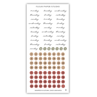 The image is a collection of two images: a calendar and a sticker. The calendar displays the days of the week in a grid format, while the sticker features a pattern of circles in various shades of brown. The image is not a single scene but rather a combination of two separate images.