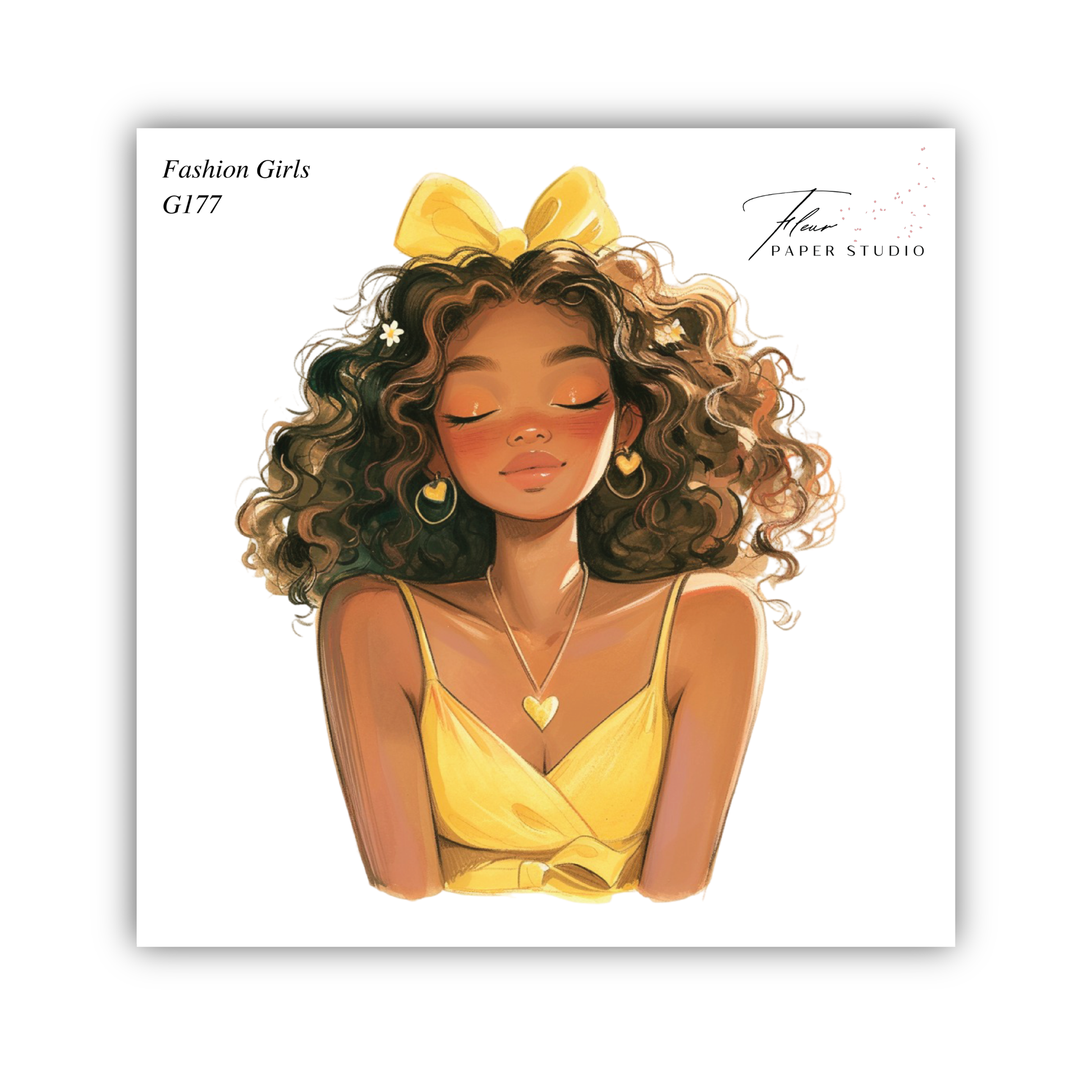 A stylized illustration of a young woman with curly hair wearing a yellow dress and a yellow bow in her hair.
