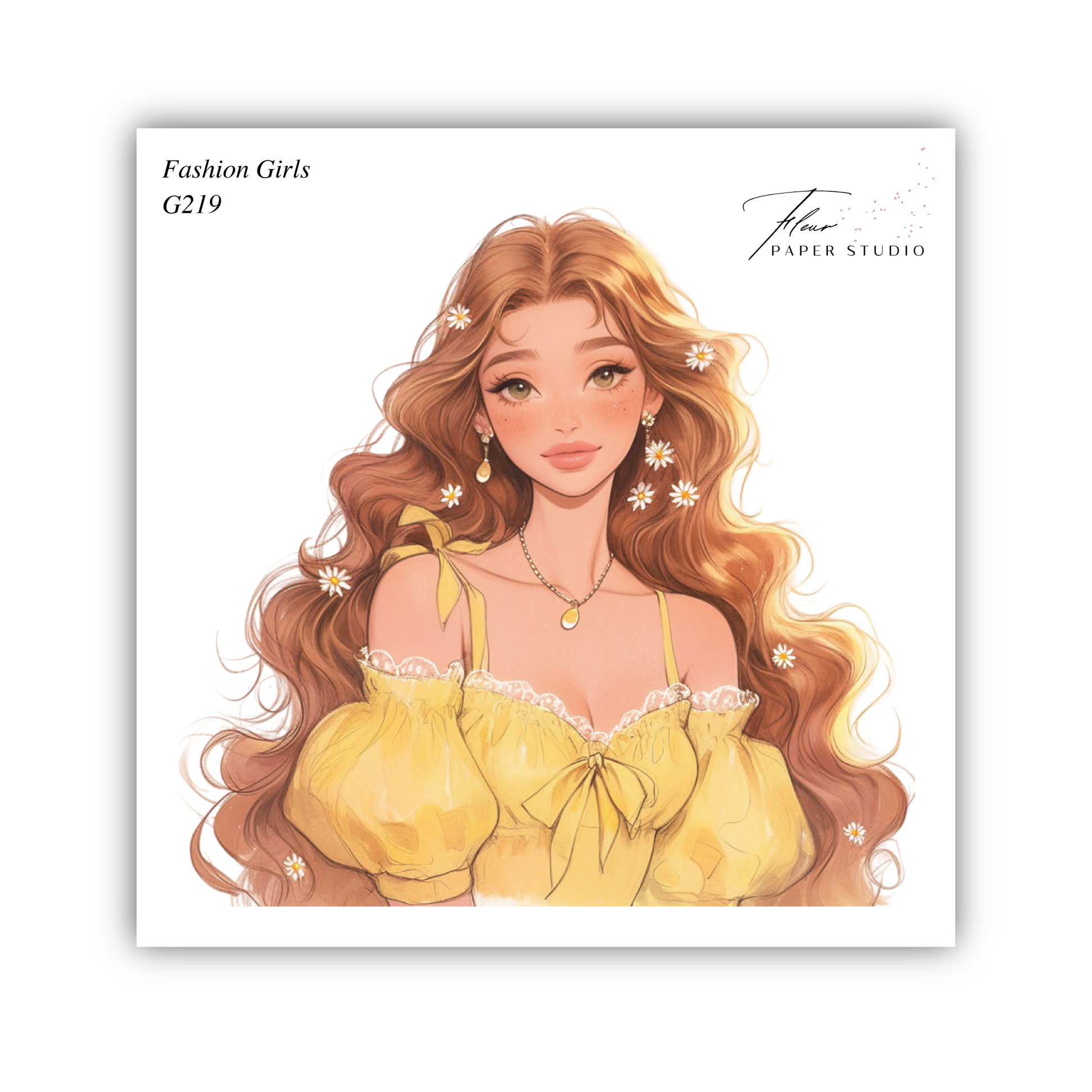 The image is a stylized illustration of a young woman with long, wavy brown hair and a yellow dress. She has a flower in her hair and is wearing a necklace. The image is a collage of multiple images, and the text "Fashion Girls G219" and "Paper Studio" are present.