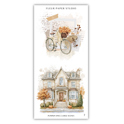 The image is a collage of two scenes featuring a bicycle and a house with autumn decorations.