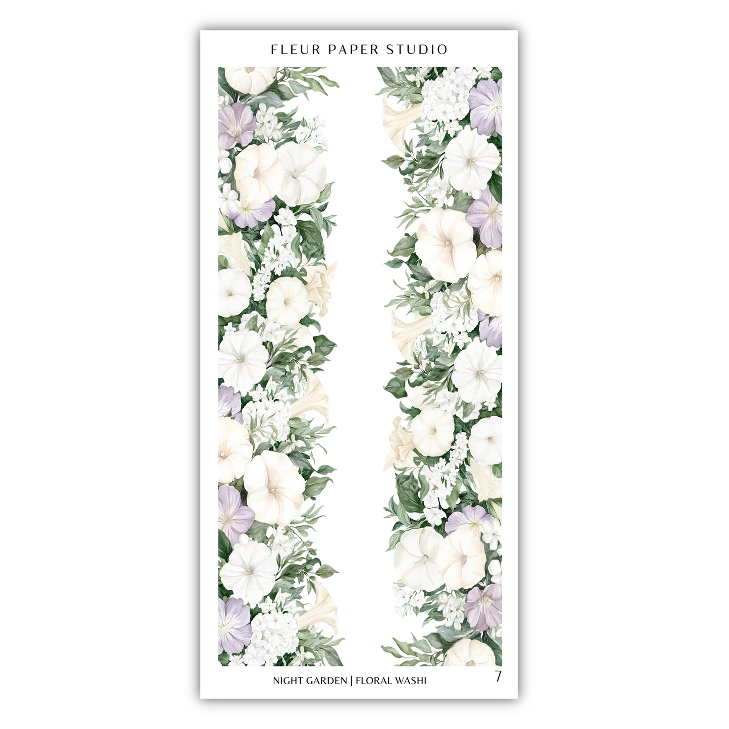 A floral arrangement with white and purple flowers, along with greenery, displayed on a white background.