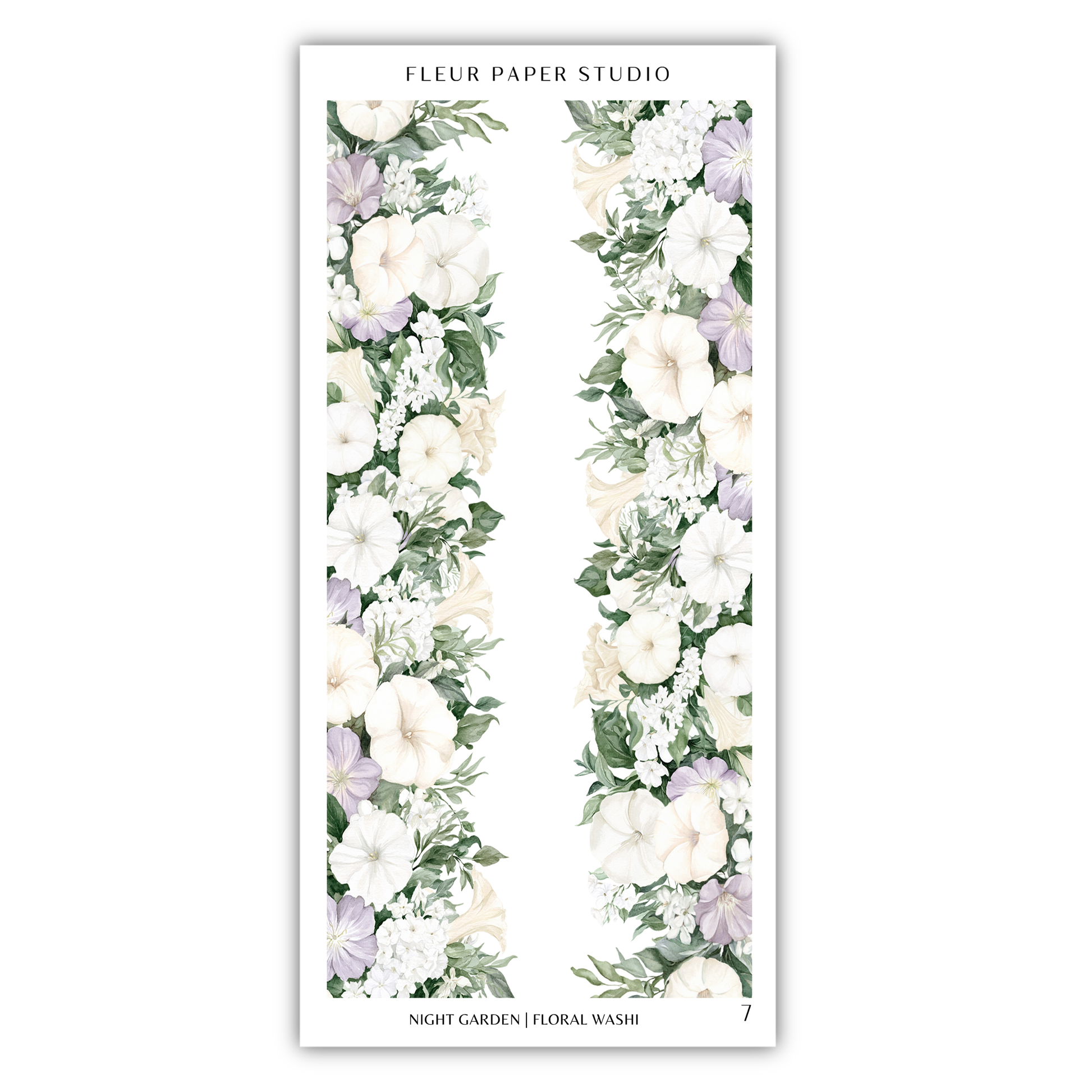 A floral arrangement with white and purple flowers, along with greenery, displayed on a white background.