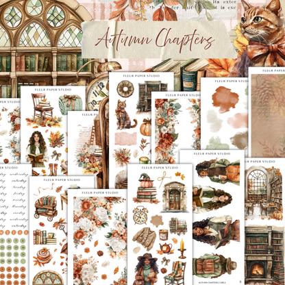 The image is a collage of various autumn-themed elements, including illustrations of books, flowers, leaves, and a cat, all set against a backdrop of a building with stained glass windows.