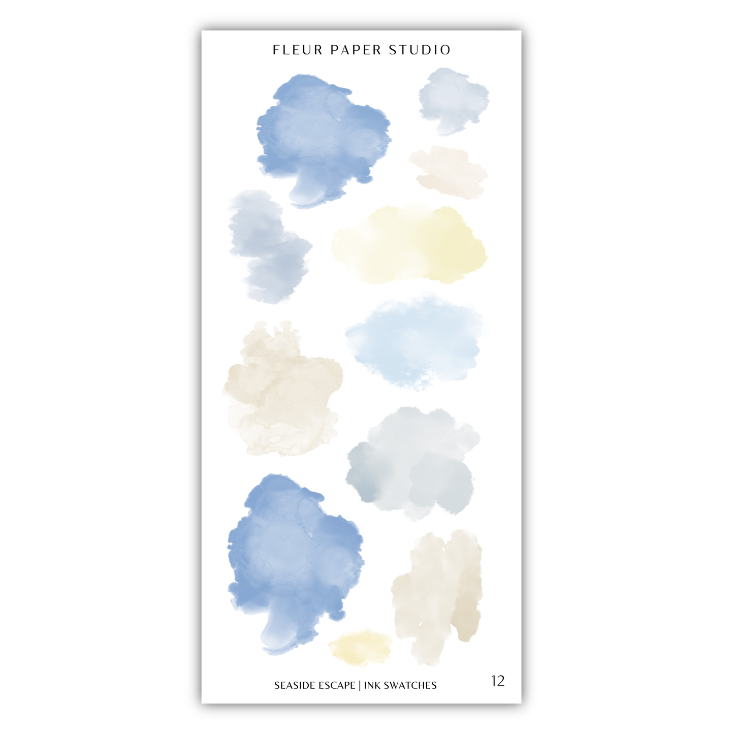 a collection of abstract watercolor brush strokes in various shades of blue, yellow, and beige, arranged in a grid-like pattern.