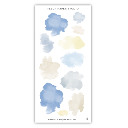 a collection of abstract watercolor brush strokes in various shades of blue, yellow, and beige, arranged in a grid-like pattern.