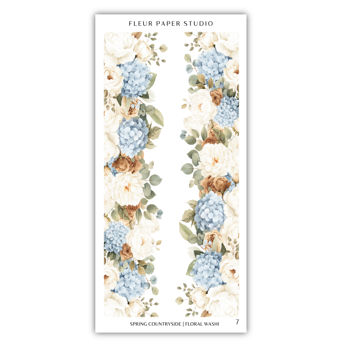 A floral border with white and blue flowers, along with greenery, is displayed on a white background.
