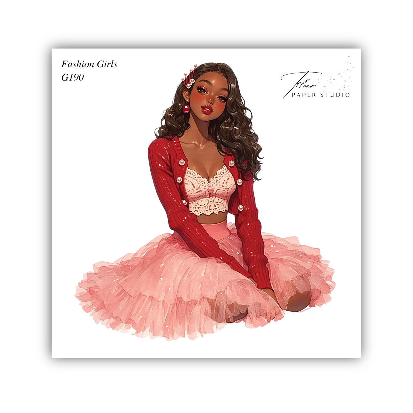 A stylized illustration of a young woman wearing a red lace top and a pink tulle skirt, sitting on the ground with her legs crossed.