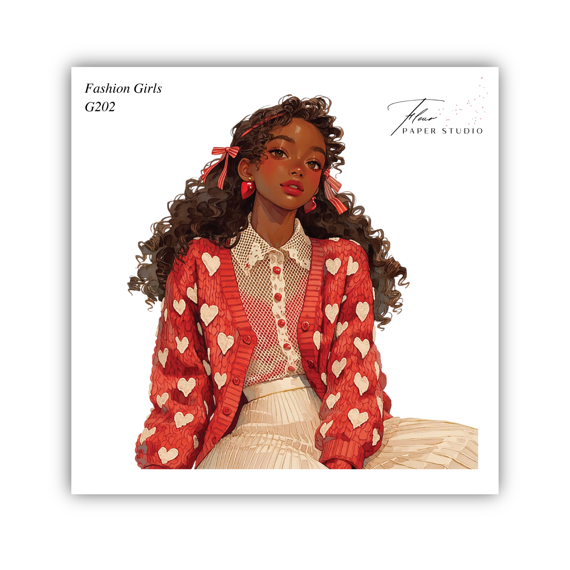 A stylized illustration of a young woman with curly hair wearing a red and white patterned sweater and a white skirt.