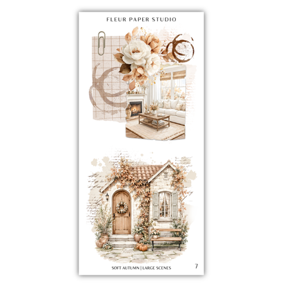 The image is a collage of two scenes depicting a cozy, autumnal setting. The top scene shows a floral arrangement and a fireplace, while the bottom scene features a quaint house with a porch and a bench.