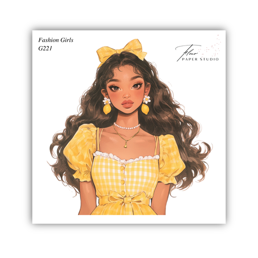 A stylized illustration of a young woman with long, curly hair wearing a yellow dress with a bow, yellow earrings, and a yellow headband.