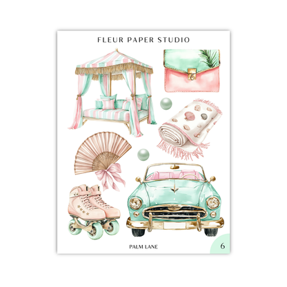 a collection of various objects, including a canopy bed, a handbag, a fan, a car, and rollerblades, all depicted in a pastel color palette.