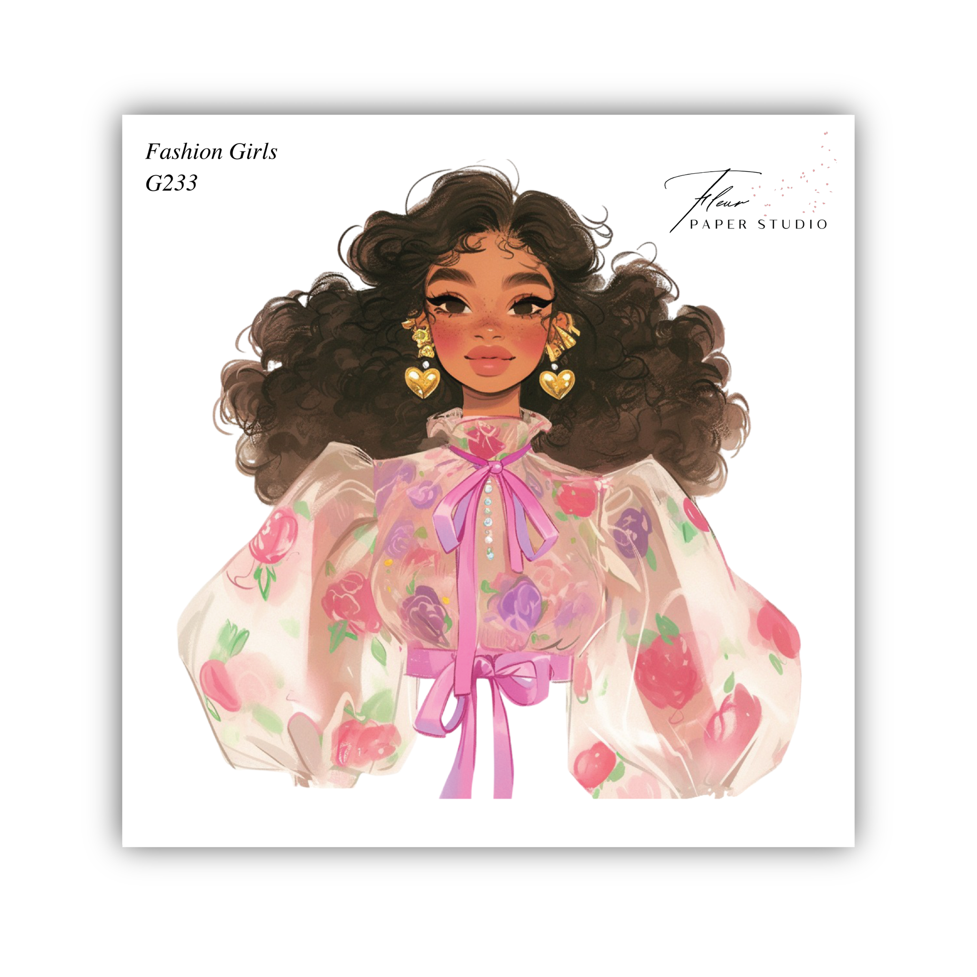 A stylized illustration of a young woman with curly hair wearing a floral print blouse and large puffy sleeves.