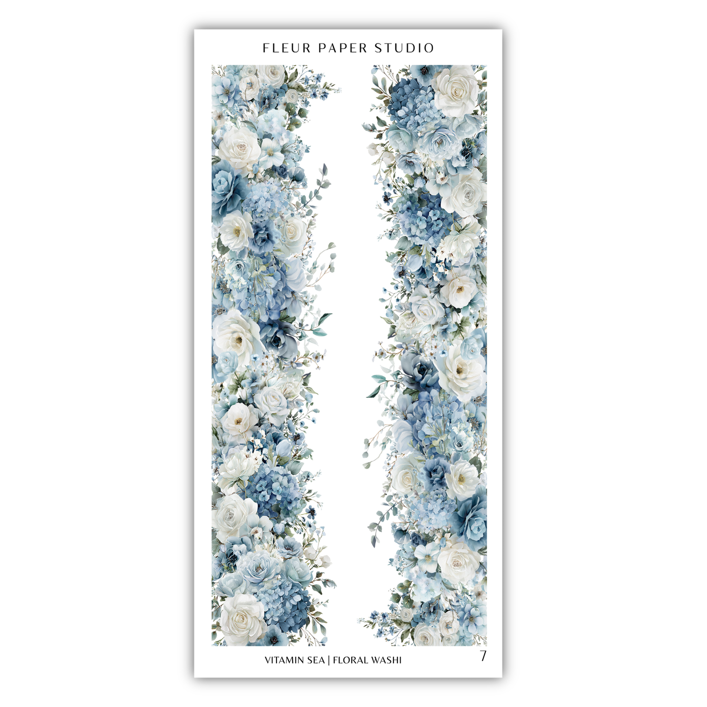 a floral arrangement with blue and white flowers, including roses and hydrangeas, arranged in a vertical column.