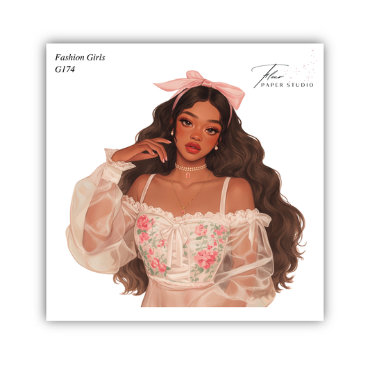 A stylized illustration of a young woman with long, wavy brown hair wearing a white off-the-shoulder dress with a floral pattern. She is wearing a pink bow in her hair and has a pensive expression on her face.